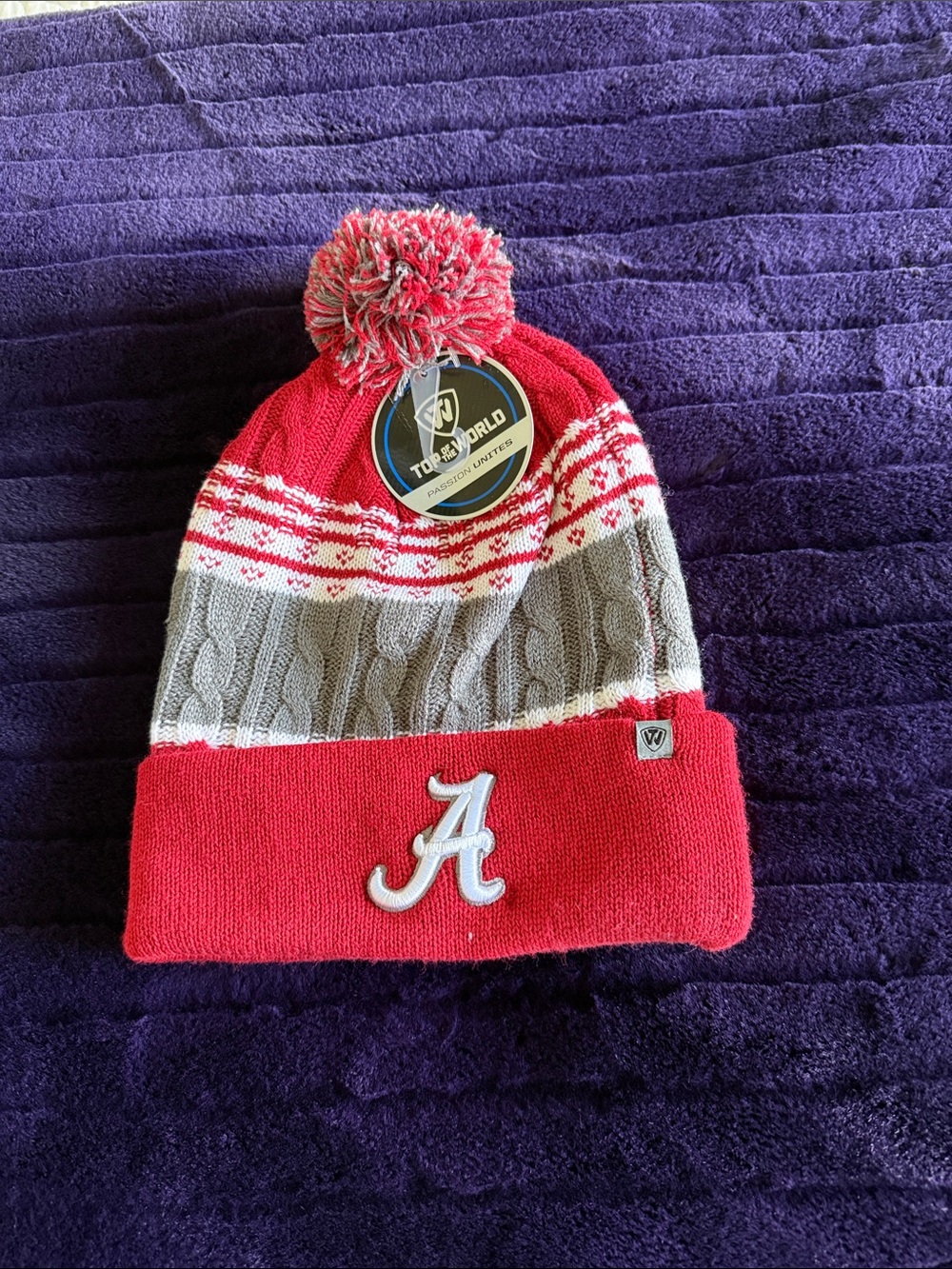 Top of the World Red & Gray Pom Beanie with 'A' Patch